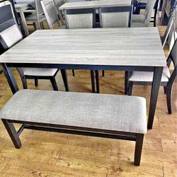 ✅️✅️6 pc bridget ii two tone finish wood dining table set padded seat chairs and bench✅️