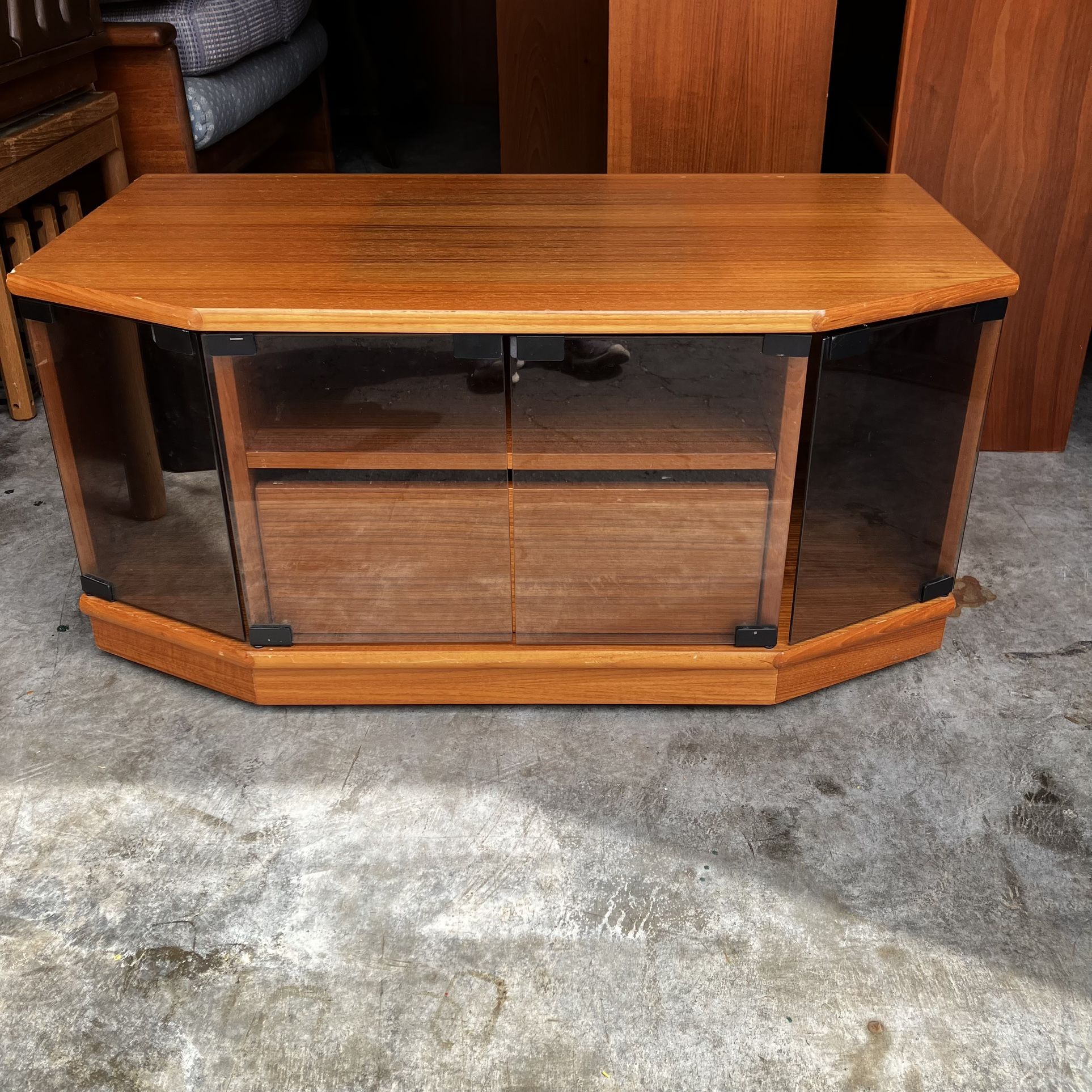 Vintage Mid Century Modern Teak & Smoked Glass Rolling Media Stand