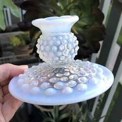 Set of 2 Vintage Fenton Moonstone Opalescent Hobnail Milk Glass Candle Holders