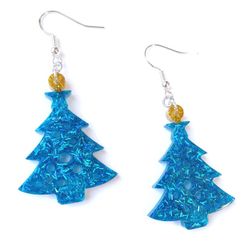Sterling silver blue glitter Christmas trees dangle earrings handmade resin new
