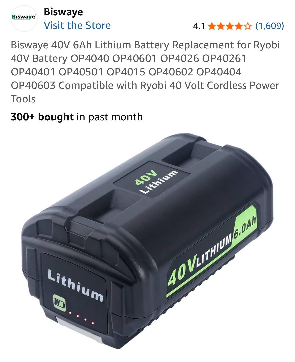 Biswaye 40V 6Ah Lithium Battery Replacement for Ryobi 40V Battery OP4040 OP40601 OP4026 OP40261 OP40401 OP40501 OP4015 OP40602 OP40404 OP40603 Compati