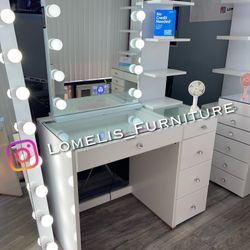 5 Drawer Vanity W  Shelf And Bluetooth Hollywood Mirror 