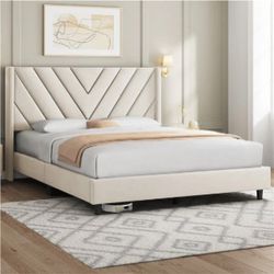 Bed Frame with Wooden Slat Support / Tufted Headboard with Wing Side / Mattress Foundation / Wooden Slat Support / No Box Spring Needed