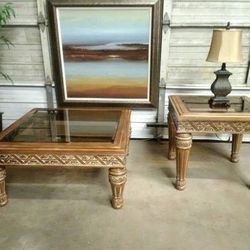 Classic Rust Finish Detailed Native Hand Carvings Hard Wood Coffee + End Table