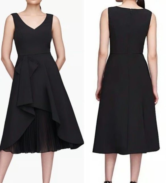 NEW Kay Unger Begonia Ruffled A-Line sleeveless V neck Black Midi Dress sz 6