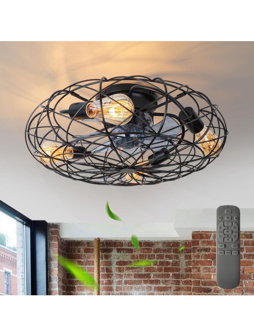 Farmhouse Caged Ceiling Fan with Lights - 20.8" Black Industrial Low Profile LED Fans Light - Small Flush Mount Fan Lighting Indoor Reversible with Re