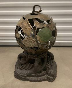 Japanese Spherical Lotus Openwork Lantern with 1981 Carved Dragon Wood Stand