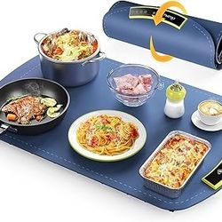 Electric Warming Tray - Foldable, Fast Heating with 8 Temp Settings, Dark Blue
