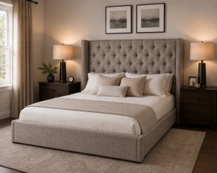 Queen Upholstered Tufted Wingback Bed Frame – Beige Linen