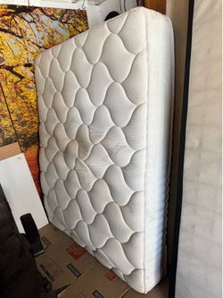 Newer premium 12” Organic Cotton  queen size mattress , thin 5” box spring $60, metal bed  frame $35