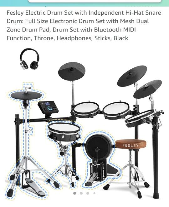 Electric Drum Set with Independent Hi-Hat Snare Drum: Full Size Electronic Drum Set with Mesh Dual Zone Drum Pad, Drum Set with Bluetooth MIDI Functio