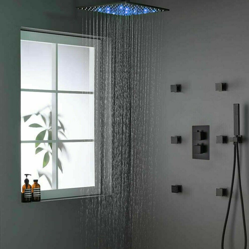 Shower faucet set Thermostatic Valve Black 16"LED Rain Shower Head Massage Jets