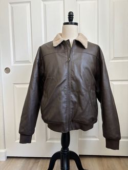 Cotton On Brown Leather Bomber Jacket with Sherpa Collar - XL