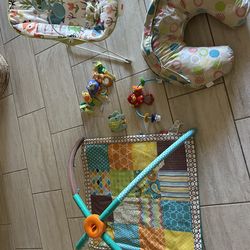 Baby Play Mat, bouncy chair, nursing pillow, toys