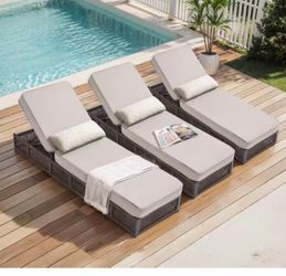 Brown 3-Piece Wicker Outdoor Chaise Lounge with 5 In. Thick Olefin Beige Cushions Patio Lounge Chair