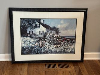 Paul Landry Hollyhocks Painting, framed wall art Signed