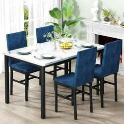 Dining Table Set for 4, Modern 5 Piece Dining Table Set, Faux Marble Kitchen Table and 4 Velvet Upholstered Chairs for Apartments, Dining Rooms, Small