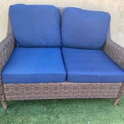 Hampton Bay Wicker Patio Loveseat with Blue Cushions - Local Delivery for a Fee - See My Items😎