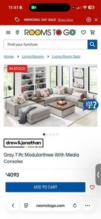 Gray 7 piece modular couch with console.