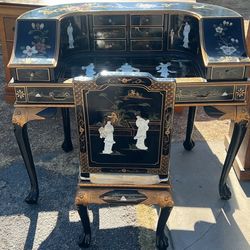 Black Lacquer Mother of Pearl Motif Harpsichord Style Oriental Desk Set (ChinaFurnitureOnline Black)
