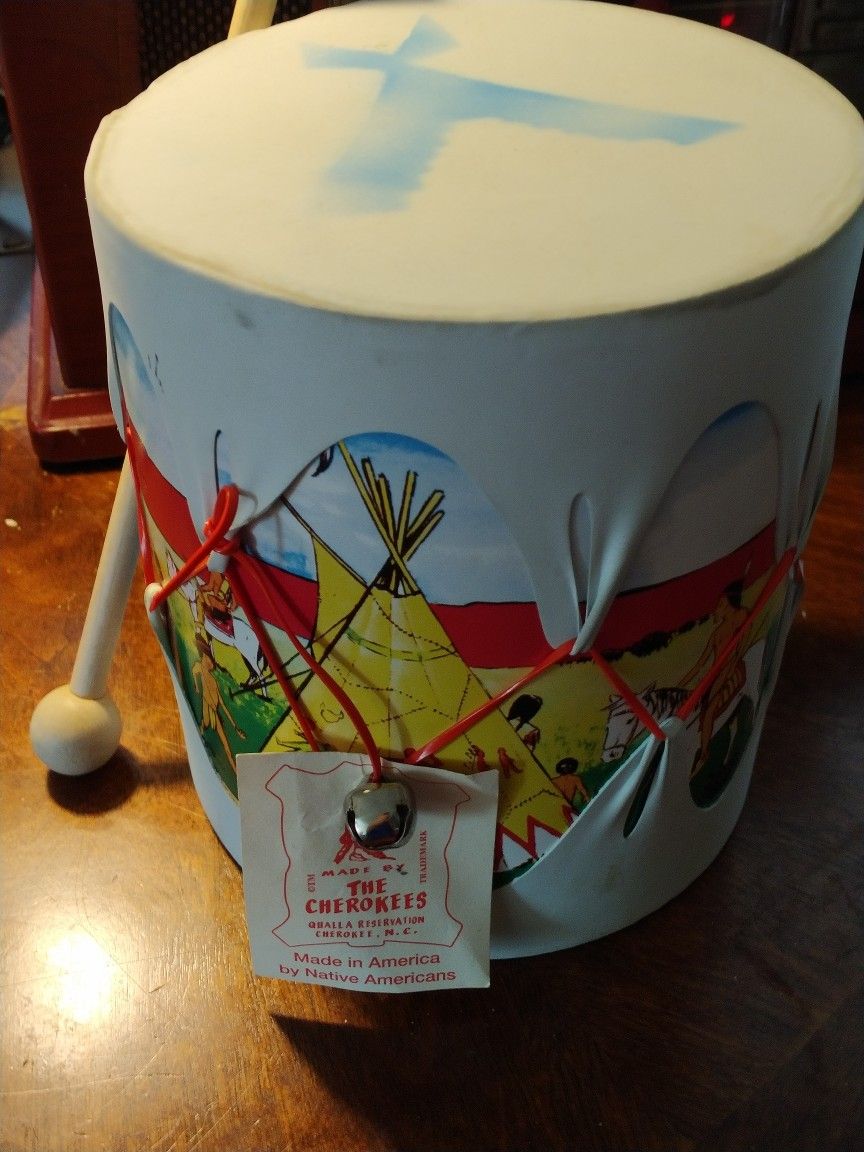 VINTAGE, HANDMADE BY THE CHEROKEE , DRUM WITH DRUMSTICK