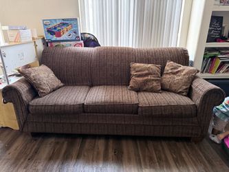 Brown Fabric 3-Seat Sofa with Throw Pillows