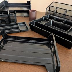 $3 - $10 each, desktop pen holder divided tray leather cup mesh wire desk accessory organizer stand