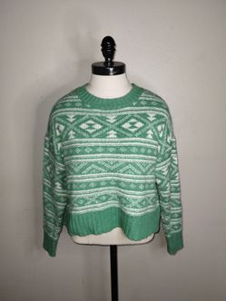 American Eagle Festive Holiday Crop Sweater Diamond Green White Size Small