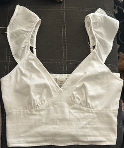 White Linen-Blend Ruffle Sleeve Cropped Top