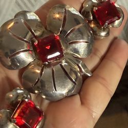 Vintage Sterling Silver Set Of  Large Brooch And Earrings With Ruby Color shiny Glass Stones 