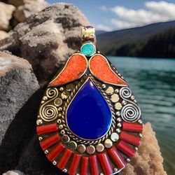 Exquisite Handcrafted Nature Theme Fruit Shape Tibetan & Navajo Style Pendant With Lapis & Coral Stones Set In Silver 2.8”in & 50grams