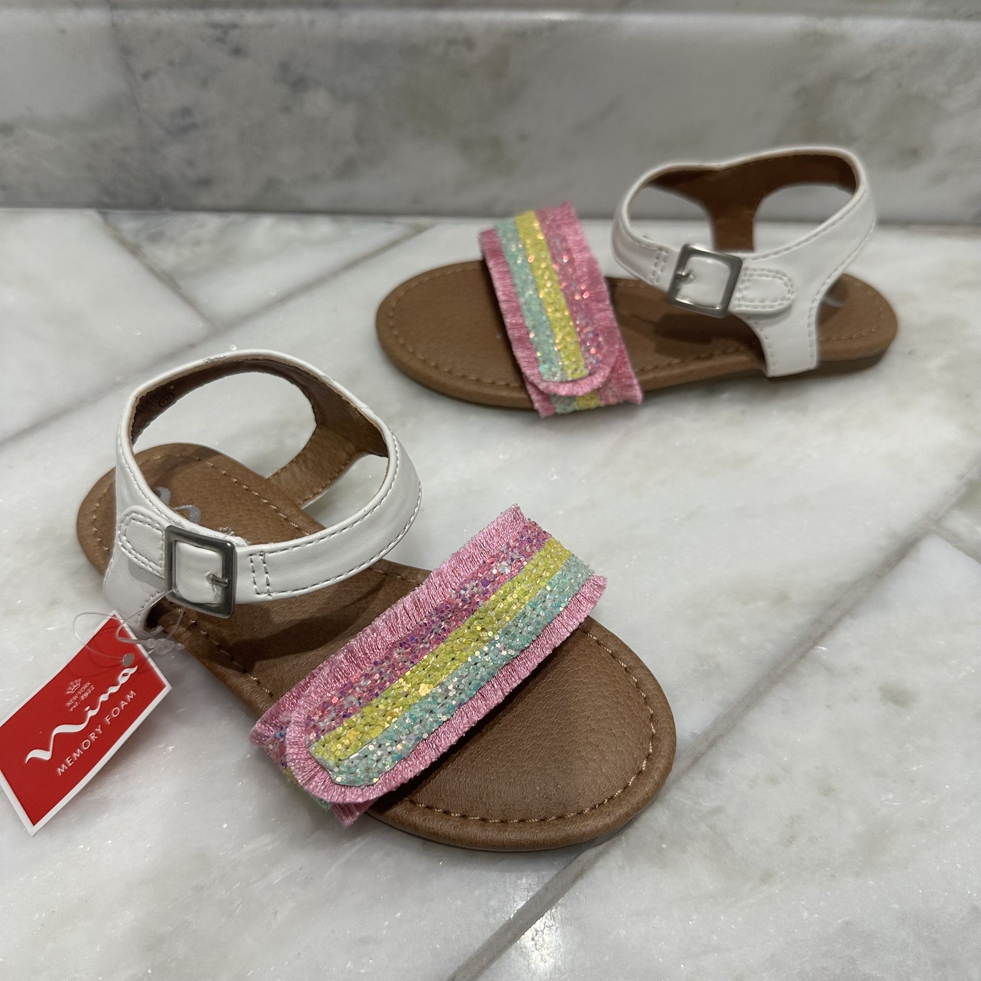 NWT Size 9 Toddler Girl Nina Rainbow Sparkle Fringe Sandals