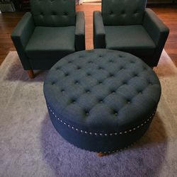 Set 2 Sofa Chairs And Round  Ottoman With Storage 