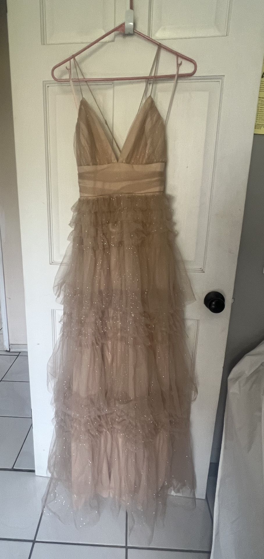 MANJU Dusty Rose Tiered Ruffled Tulle Gown Medium
