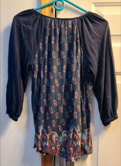 Vintage America navy blue paisley print 3/4 sleeve tunic blouse.  Women's Small