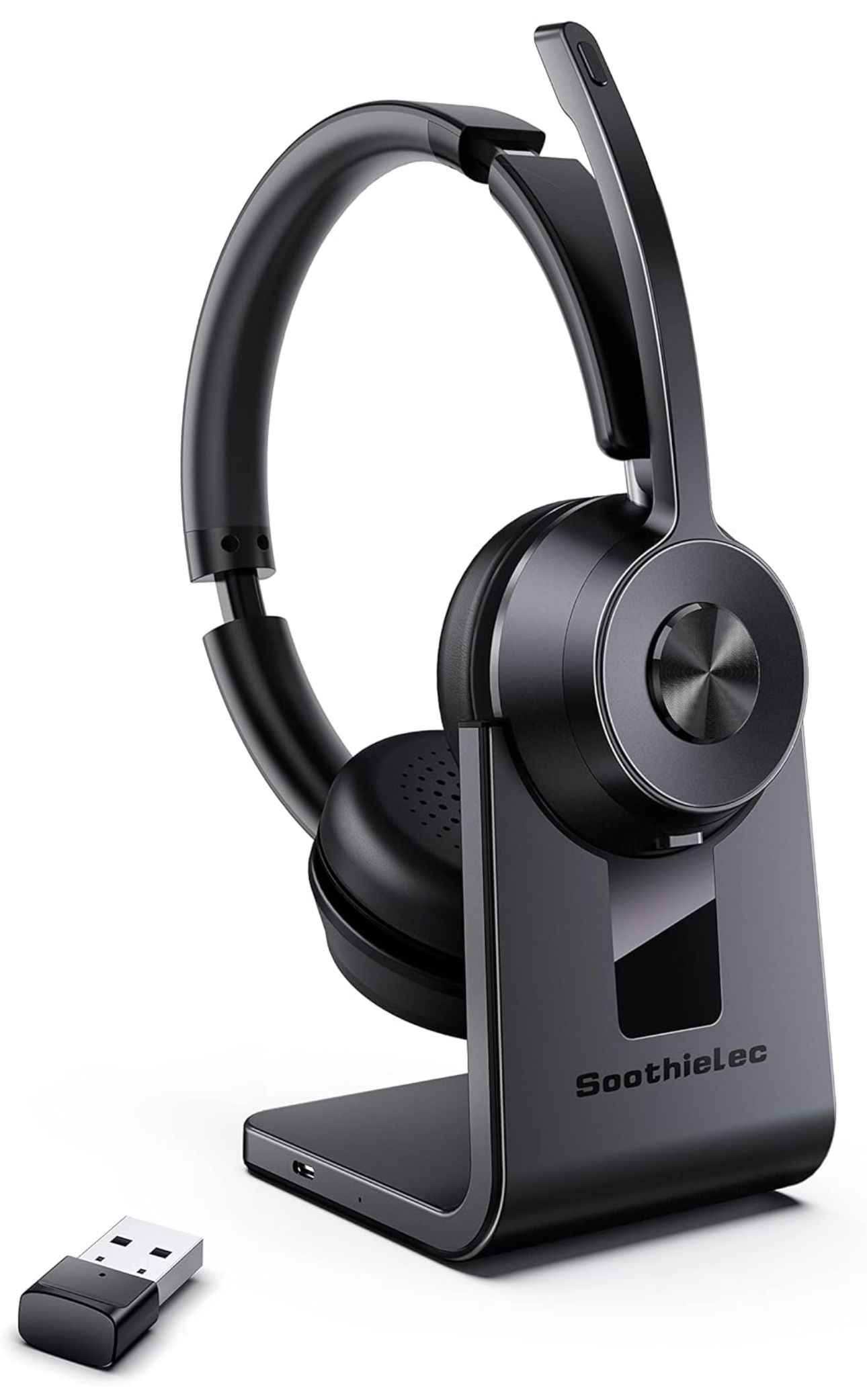 Bluetooth Headset V5.1 Wireless Headset with Noise Canceling Microphone 40 Hrs Work Time Office Headset with Bluetooth Dongle & Charging Base AptX
