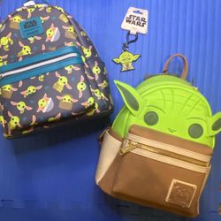 2 - Loungefly Star Wars Yoda Mini Backpacks and a Yoda Bag Clip - ALL NWTs 