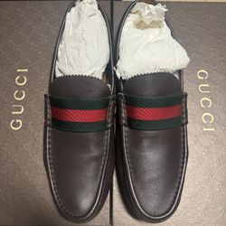 Gucci Men’s Leather Loafers Driving Shoes – Brown with Web Stripe – Size US 11/UK 10