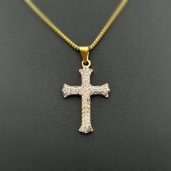 14k solid yellow gold white gems Cross Pendant charm