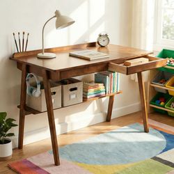 47.24-Inch Solid Wood Writing Desk with Drawers and Shelf - Walnut