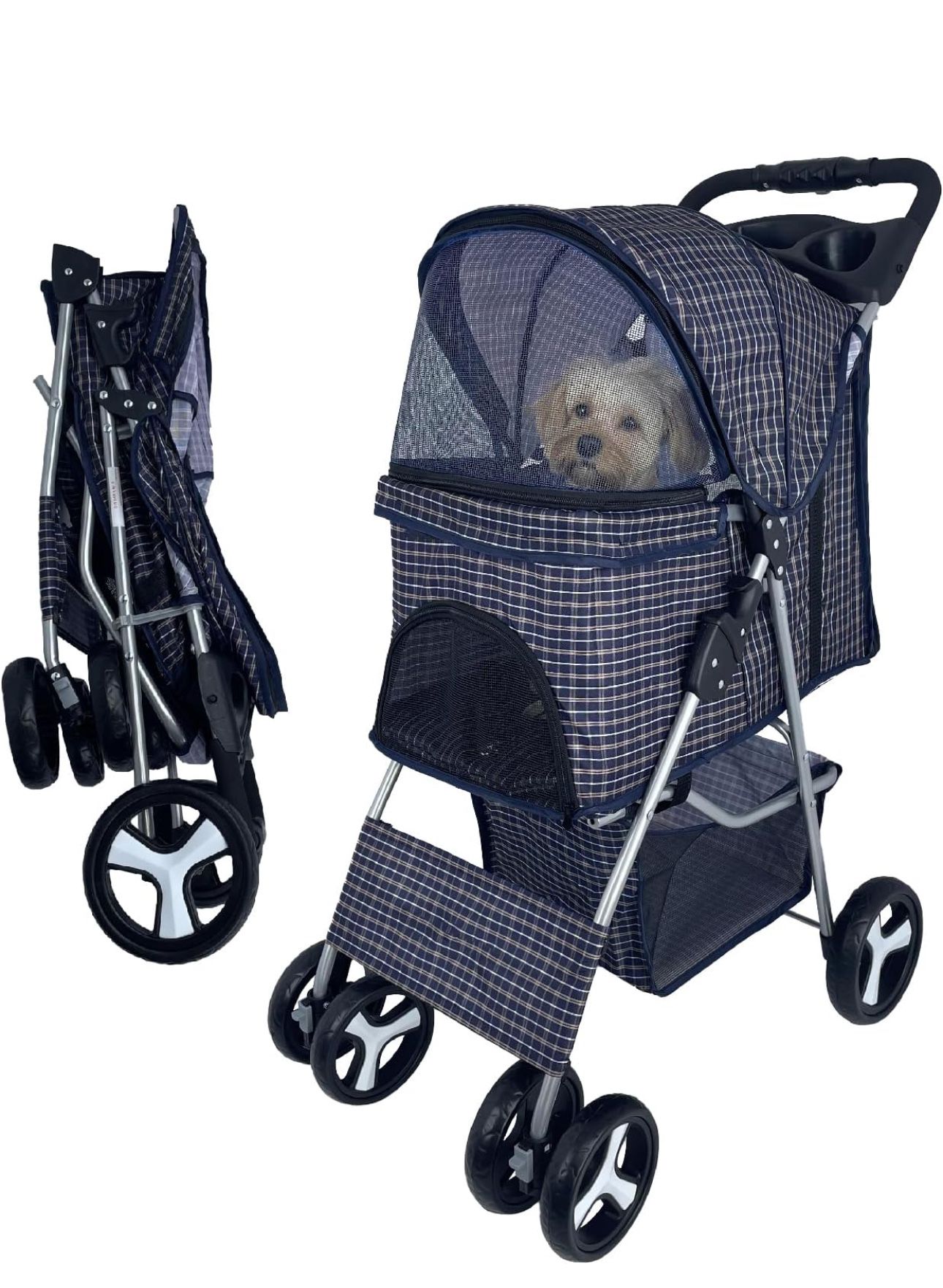 Small dog Stroller, Pet Stroller for Small Dogs Cats with Storage Basket Cup Holder, up to 33lbs (Plaid)