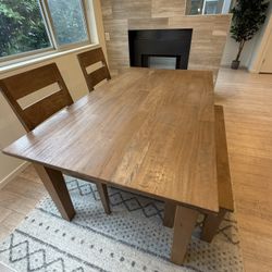 Crate & Barrel Dining Table + Bench, Chairs