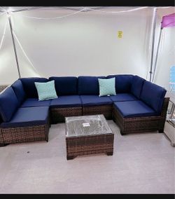 New Outdoor Wicker Sectional Sofa Set with Coffee Table in navy blue