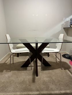 Glass Top Dining Table with X-Base and 2 Chairs