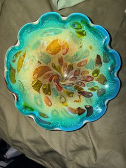 Vintage Hand-Blown Art Glass Decorative Bowl – Turquoise & Multicolor Controlled Bubble Design – 9”