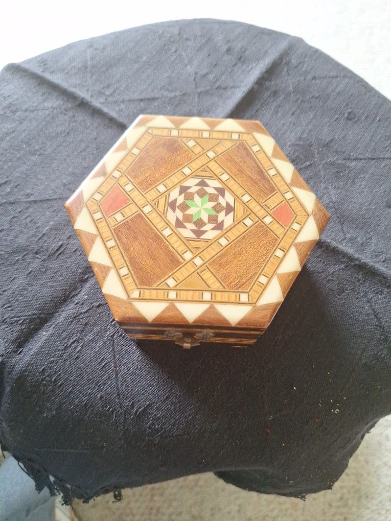 Hexagonal Marquetry Inlay Wood Box - Made In Spain