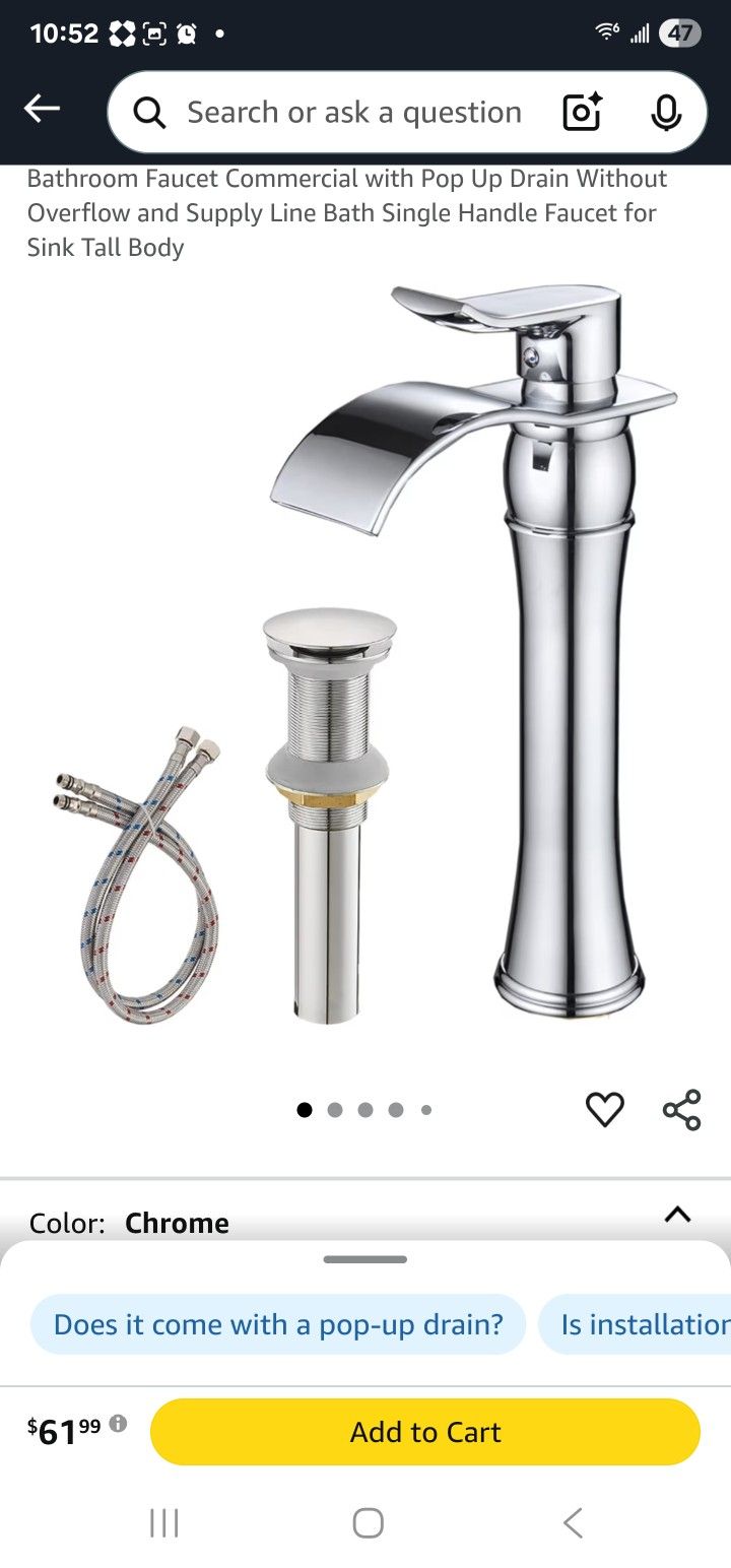Vessel Sink Faucet Chrome Waterfall Single Hole Bathroom Faucet Commercial with Pop Up Drain Without Overflow and Supply Line Bath Single Handle Fauce