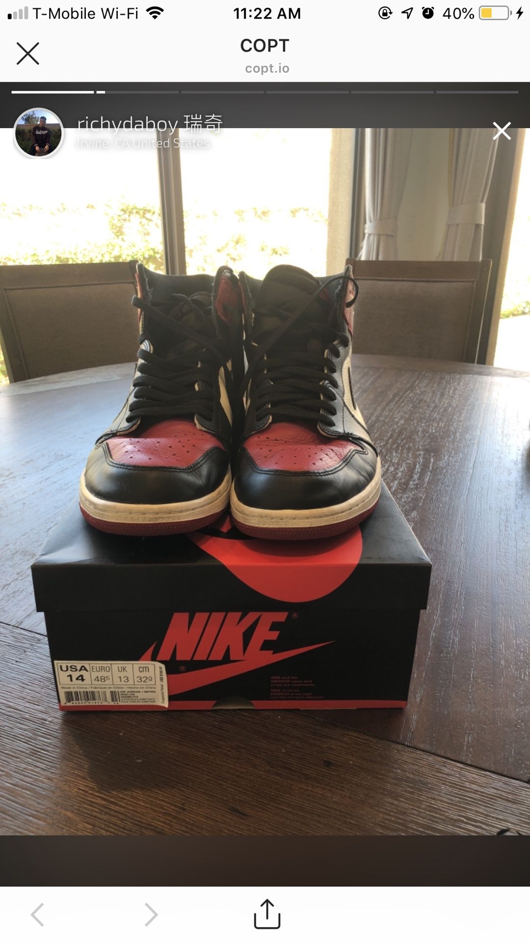 Size 14 gently used Air Jordan 1 Bred Toe