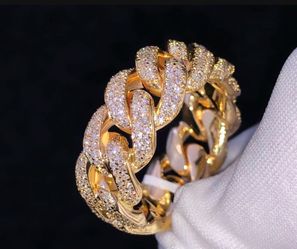 New Size 7 10mm 925S & VVS Moissanite Gold Cuban Link Ring/w/papers Marked firm
