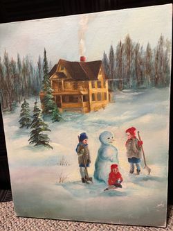 Original Oil Painting Winter Snow Scene Signed Thula